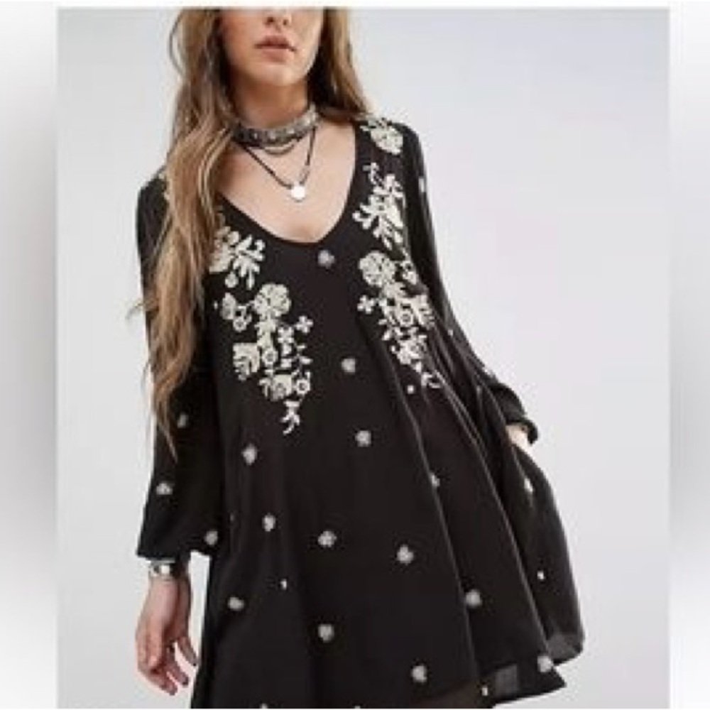 Free People Talia Embroidered Black Mini Dress.